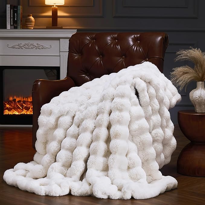 Faux Fur Throw Blanket for Couch, Fluffy Fuzzy Plush Bubble Blanket, Soft Warm Cozy Shaggy Rabbit Blanket, Luxury Decorative Gifts for Sofa Bedroom Living Room, 60x50inch (Beige)