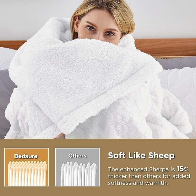 Bedsure Gentlesoft Sherpa Fleece Blanket Twin Size for Bed - Fluffy & Cozy Cable Jacquard Tufted for Women Gift, Thick and Warm Blankets for Winter, White, 60x80 Inches