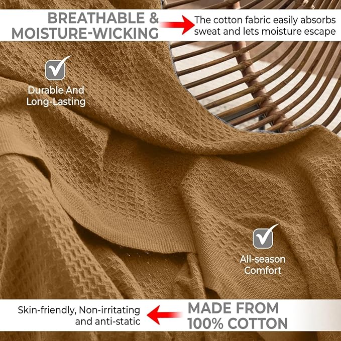 100% Cotton Blankets for Bed - Waffle Weave Blankets for Summer, Lightweight and Breathable Soft Woven Blanket for Spring (Orange, Queen (90" x 90"))
