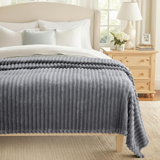 decorUhome Soft Fleece Grey Blanket Queen Size for Bed, Cozy Fluffy Plush Flannel Large Striped Throws for Couch Sofa, Lightweight Decorative Fuzzy Blanket for Woman, 90x90 Inches