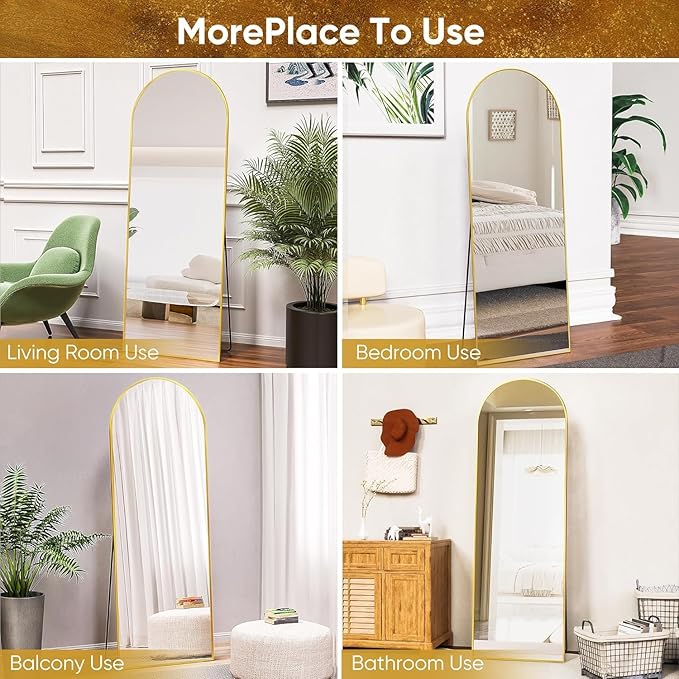 Antok Full Length Floor Mirror Arched Standing Mirror with Aluminum Frame - Freestanding Wall Mount Leaning Body Mirror for Bedroom Living Room Entryway, 64" L x 21" W, Gold