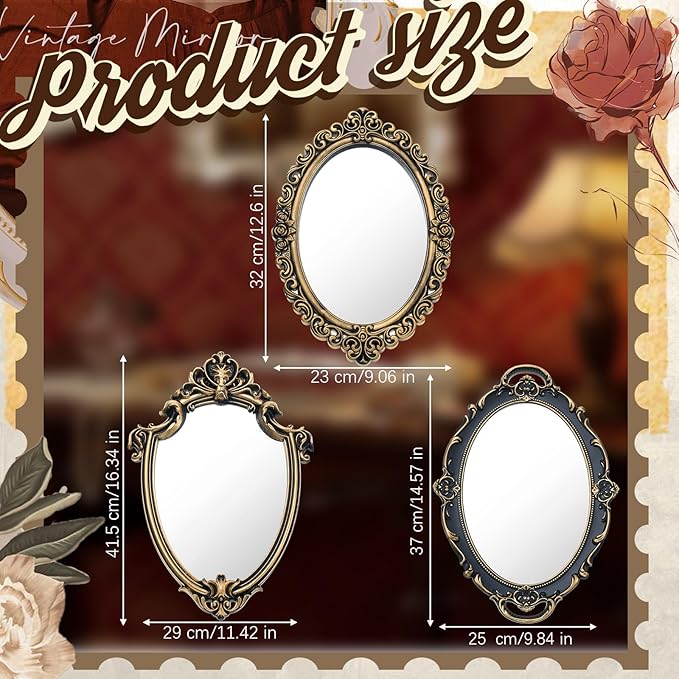 3 Styles Vintage Mirrors Set Decorative Oval Wall Mirror Small Antique Mirrored Tray Decorative Retro Hanging Mirror for Bathroom Bedroom Jewelry Organizer Victorian Decor(Antique Gold)