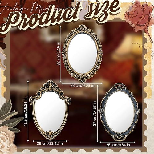 3 Styles Vintage Mirrors Set Decorative Oval Wall Mirror Small Antique Mirrored Tray Decorative Retro Hanging Mirror for Bathroom Bedroom Jewelry Organizer Victorian Decor(Antique Gold)