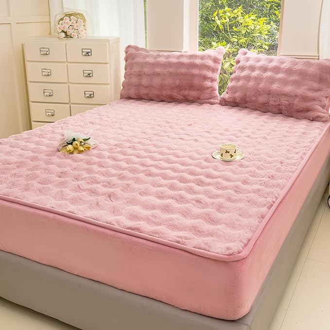 H&D Bedding King Sheet Set 3 Piece Bed Sheets for King Size Bed, Luxury Soft and Breathable Faux Fur, Includes 1 Comfy Bubble Sheet, and 2 Pillowcases