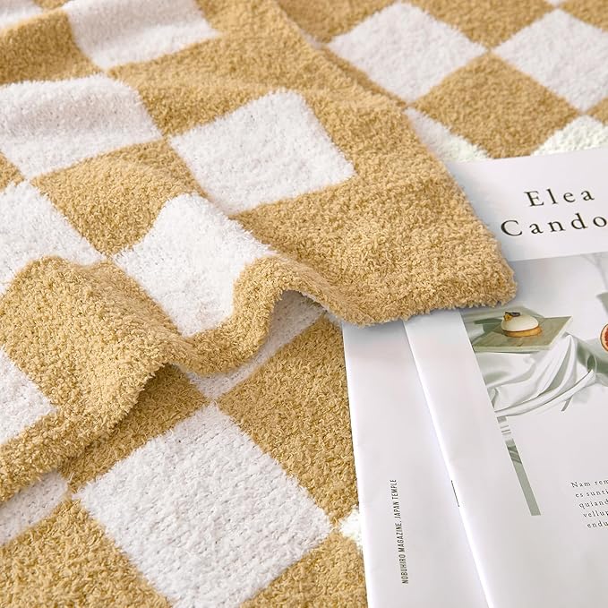 Checkered Throw Blanket, Khaki Soft Cozy Fluffy Knitted Throw Blankets for Couch, Sofa, Bed, Chair, Warm Fuzzy Travel Picnic Lightweight Plaid Blanket, 50x70 inches