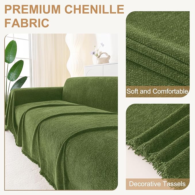 Smiry Couch Cover for Dogs, Washable Chenille Sofa Covers for 3 Cushion Couch, Soft Sofa Slipcover for Pets, Thick Sectional Furniture Protector with Tassels (Green, 71x118 Inch)