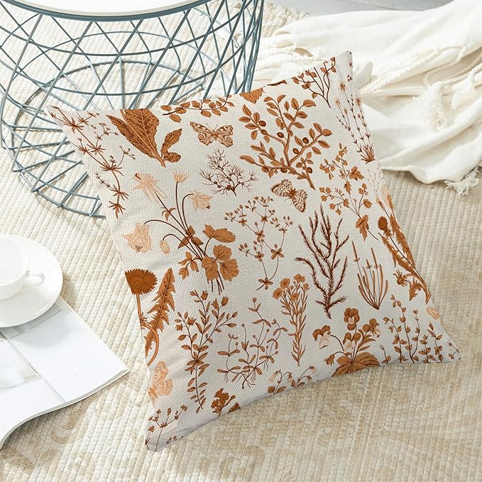 AEIOAE Fall Pillow Covers 22x22 Inch Set of 2,Burnt Orange Wild Flower Plant Throw Pillows Case,Seasonal Floral Outdoor Decorative Square Linen Farmhouse Decor Cushion Covers for Home Sofa Bed Couch