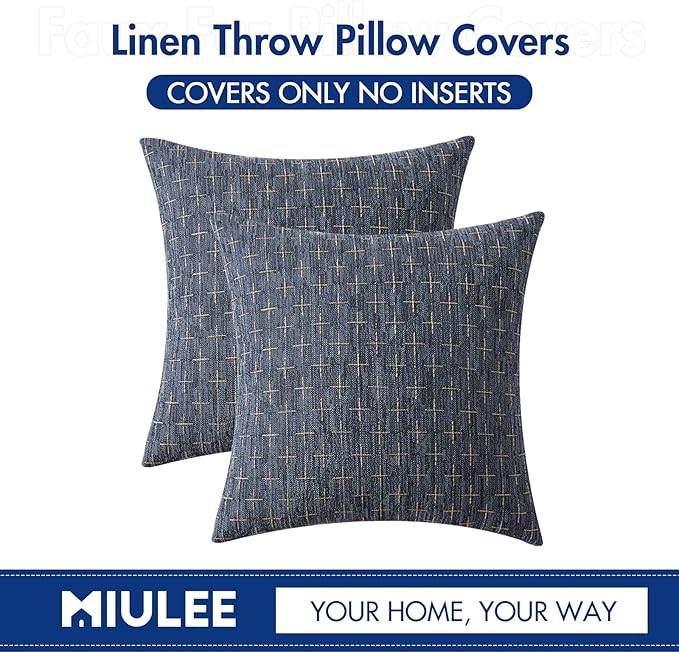 MIULEE Pack of 2 Decorative Burlap Linen Throw Pillow Covers Modern Farmhouse Vintage Pillowcase Rustic Woven Textured Cushion Cover for Sofa Couch Bed 22x22 Inch Blue