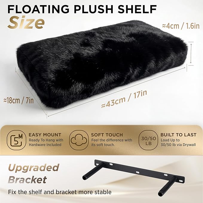 2 Pack Floating Shelves for Wall, Shelf with Fluffy Soft Black Shag Cover, Wall Mounted Shelves for Bedroom, Living Room, Suitable for storing valuable collectibles, bags, jewelry, high heels