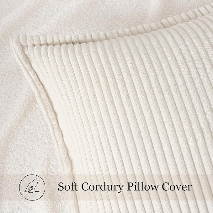 Mecatny Corduroy Throw Pillow Covers 20x20 Set of 2, Neutral Decorative Soft Boho Couch Pillow Covers with Broadside for Sofa Living Room, Cream White