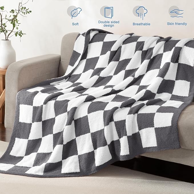 Whale Flotilla Checkered Knit Throw Blanket, Ultra Soft Warm Reversible Cozy Decorative Blankets for Couch Sofa and Bed, 50x60 Inch, Grey