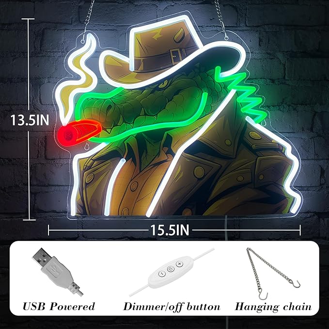 Cowboy Alligator Neon Sign for Wall Decor, Western Dimmable LED Wall Light for Man Cave, Bar, Pub, Game Room, or Garage, Cool Art Gift for Men, 15.5 x 13.5 inch