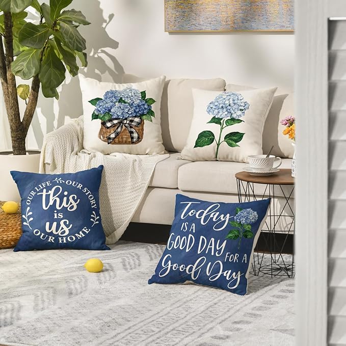 AVOIN colorlife Blue Hydrangea Spring Summer Throw Pillow Covers, 20 x 20 Inch Today is A Good Day Dark Blue Cushion Case Decoration for Sofa Couch Set of 4