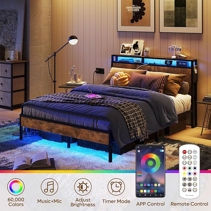 Bestier Full Size Bed Frame with Headboard and Storage, Dual LED Platform Bed Frame with Charging Station, Non-Slip Metal Bed Frame, Noise-Free, Easy Assembly