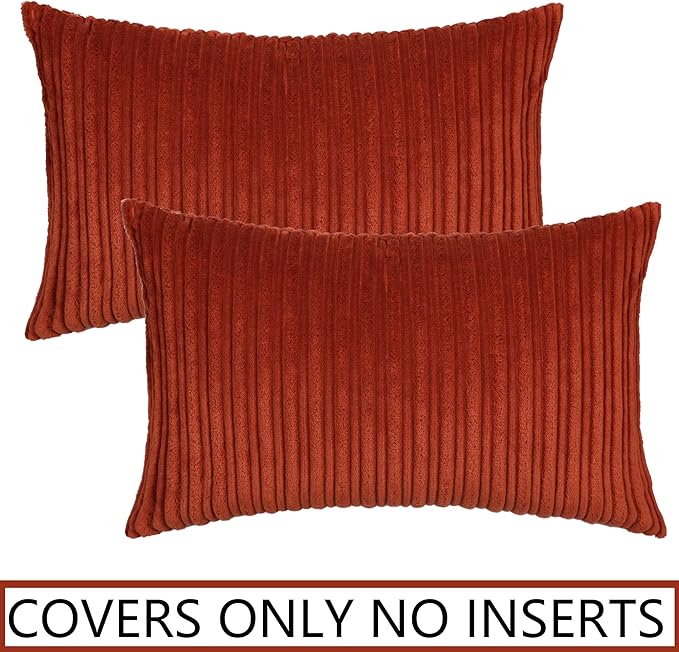 UGASA Fall Pack of 2 Velvet Pillow Covers Striped, Soft Textured Throw Cushion Case Set Corduroy Lumbar Pillowcases with Hidden Zipper for Home Decor Indoor Outdoor (12"x20", Burnt Brick)