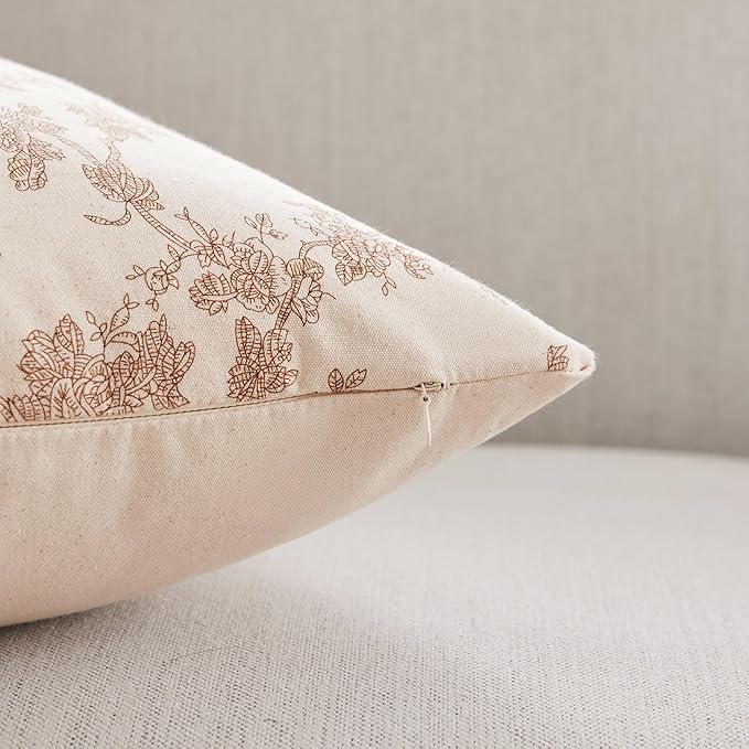 100% Cotton French Pastoral Throw Pillow Covers Set of 2, 18x18 Inch Brown Farmhouse Decorative Cushion Covers for Sofa Bed Living Room Home Decor