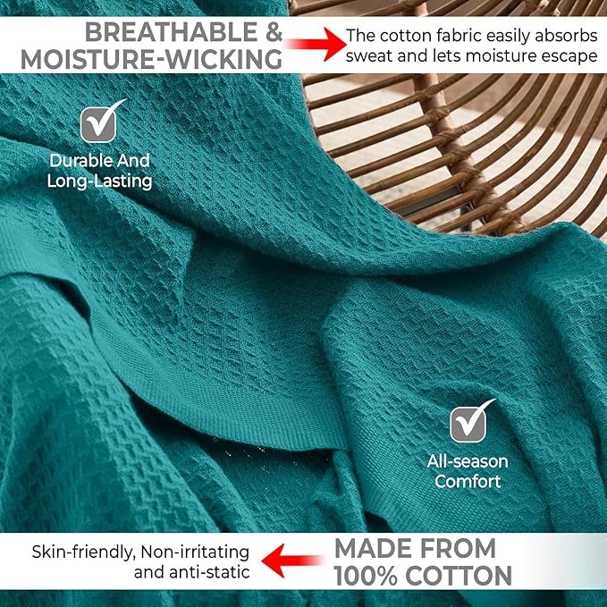 100% Cotton Blankets for Bed - Waffle Weave Blankets for Summer, Lightweight and Breathable Soft Woven Blanket for Spring (Teal, Throw (50" x 60"))