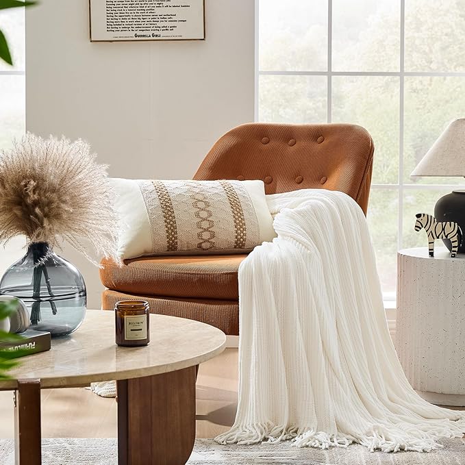 inhand Throw Blanket for Couch Bed,Chunky Chenille Woven Soft Blankets with Tassels,Cozy Boho Farmhouse Fall Winter Decor,Warm for Women,50"x60",Extra Thick-Off White