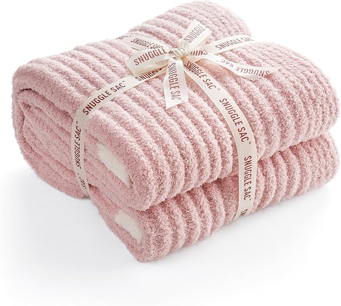 Snuggle Sac Fluffy Ribbed Blanket Pink Twin Size, Soft Luxurious Knit Throw, Fuzzy Plush Microfiber Blankets for Couch, Sofa, Bed, Pink, 60x80 inches