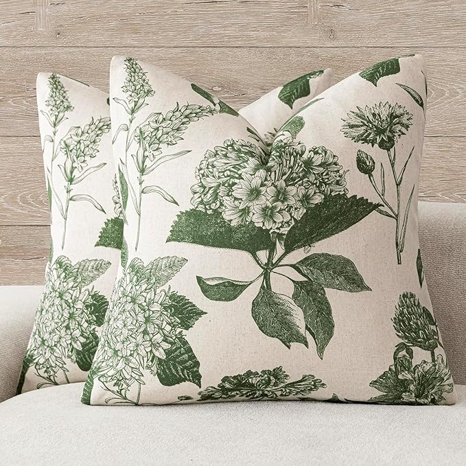 Foindtower Set of 2 Linen Floral Throw Pillow Covers Neutral Vintage Print Decorative Cozy Cushion Covers Farmhouse Boho Home Decor for Sofa Chair Couch Bedroom Living Room,22×22 Inch,Dark Green