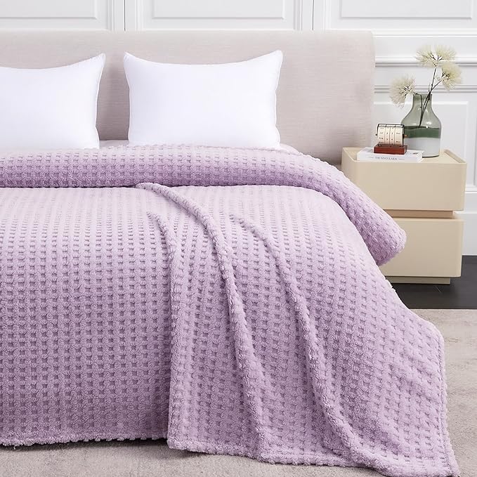 Soft Cozy Fuzzy Fleece Twin Blanket, Waffle Lavender Fog, 60x80 Inches – Lightweight, Fluffy, and Warm 3D Jacquard All-Season Blanket for Couch, Bed, Sofa, Home Decor, Camping, and Travel