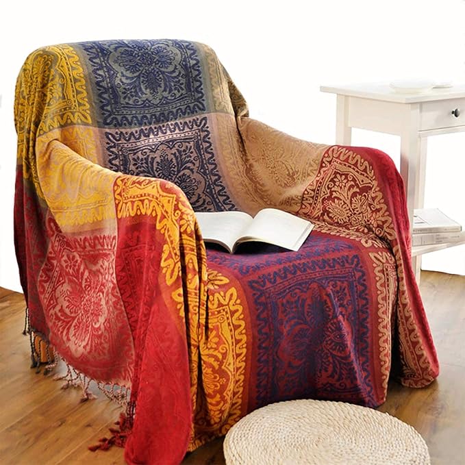 Boho Throw Blanket, Chenille Jacquard Tassels Throw Blankets for Bed Couch Soft Chair， Bohemian Fringe Tassels (Red, S:60x75