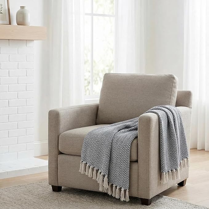 Americanflat 50x60 Throw Blanket - Soft and Breathable Cotton Throw Blanket for Couch, Bed, Chair - Decorative Blankets Perfect for Home or Outdoor Use - Navy Blue and White Herringbone Design