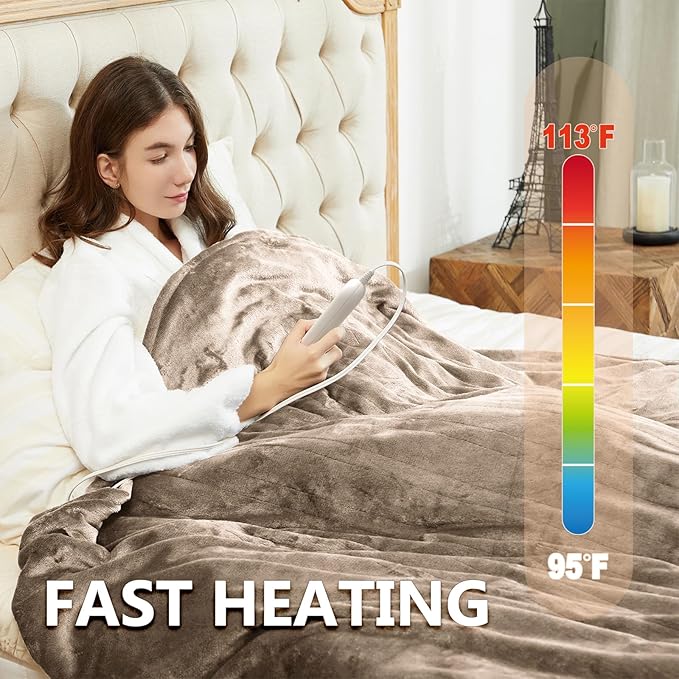 Tefici Electric Heated Blanket Queen Size, Dual Control Super Cozy Soft 2-Layer Flannel 84" x90" Heating Blanket with 3 Heat Levels & 8 Hours Auto Off,ETL&FCC Certified,Home Office Use,Camel