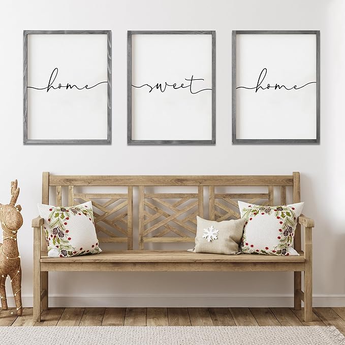 Set of 3 Framed Farmhouse Home Sweet Home Sign Above Bed Wall Decor for Bedroom Decor Wall Art Wood Signs