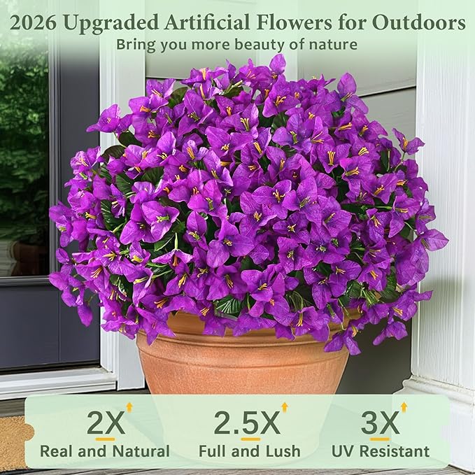 Yastouay 16 Bundles Artificial Flowers for Outdoors, Realistic Bougainvillea Fake Flowers for Outside, UV Resistant Silk Outdoor Faux Plants for Porch Patio Planter Front Door Garden Decor(Fuchsia)