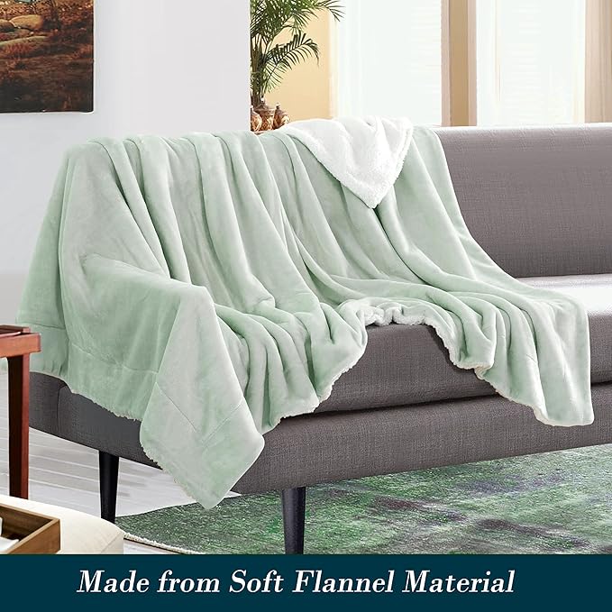 Mocassi Premium Ultra-Soft Flannel Fleece Sherpa Throw Blanket - Warm Cozy Reversible Plush Micromink Blanket for Couch, Bed and Sofa - Fluffy, Christmas Winter Bedding Gift, Queen, Mint Green