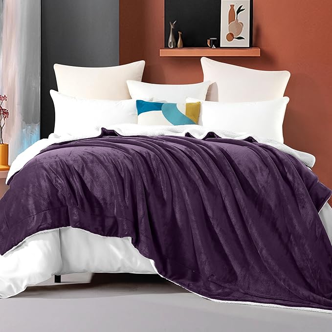 Elegant Comfort Ultra Soft Reversible Flannel Sherpa Blanket - Cozy Silky Fleece Throw for Couch, Bed - Plush Fuzzy Warm Winter Blanket for Gift, King, Purple