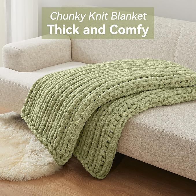 Chunky Knit Throw Blanket, 80''*90'' Knitted Throw Chenille Yarn for Bed Couch, Handmade Light Green Crochet Big Thick Blanket, Machine Washable Cute Comfy Blanket for Home Decor