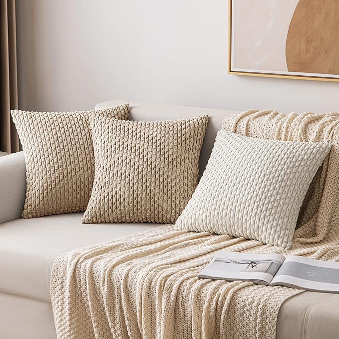 MIULEE Pack of 2 Decorative Throw Pillow Covers 18x18 Inch Soft Boho Striped Textured Corduroy Pillow Covers Modern Farmhouse Home Decor for Couch Bed Sofa Living Room Neutral Tan