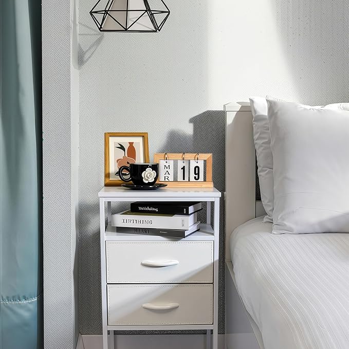 White Nightstand with 2 Fabric Drawers, Modern Bedside Table with Storage & Open Wood Shelf, Stylish End Table for Bedroom