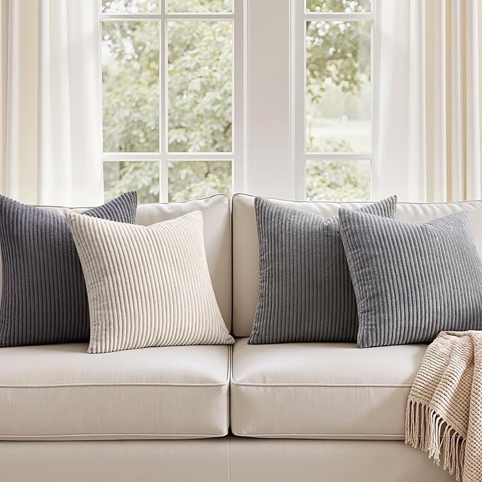 EMEMA Neutral Grey Decorative Throw Pillow Covers 18x18 Inch Set of 4 Boho Farmhouse Corduroy Striped Square Pillow Case,Western Modern Cushion Covers for Couch Bed Livingroom Home Decor