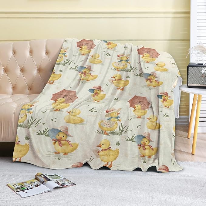 Cute Duck Fleece Blanket - 40x50in Adorable Duckling in Hat and Parasol Throw Blankets,Soft Cozy Lightweight, Ideal for Living Room Home Farmhouse Decor and Kids Women Girls Spring Gifts