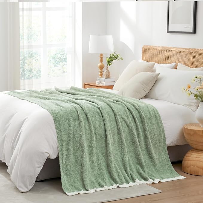 Snuggle Sac Ultra Soft Throw Blanket for Couch Bed Sofa 50x60 inches, Reversible Sage Green Blanket Microfiber Fluffy Fuzzy Cozy Knit Throws for Women Mothers Birthday Gifts