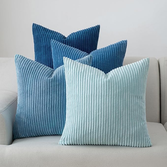 Volcanics Set of 4 Light Blue Corduroy Decorative Couch Throw Pillow Covers 18x18 Inch, Soft Modern Boho Striped Accent Cushion Cases for Beach, Patio, Balcony, Summer Gradient Shams Home Decor