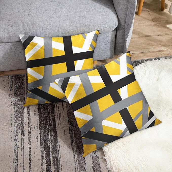 Emvency Set of 2 Throw Pillow Cover Yellow Black Stripes Grey White Design Retro Decorative Pillow Case Striped Home Decor Square 16x16 Inch Cushion Pillowcase