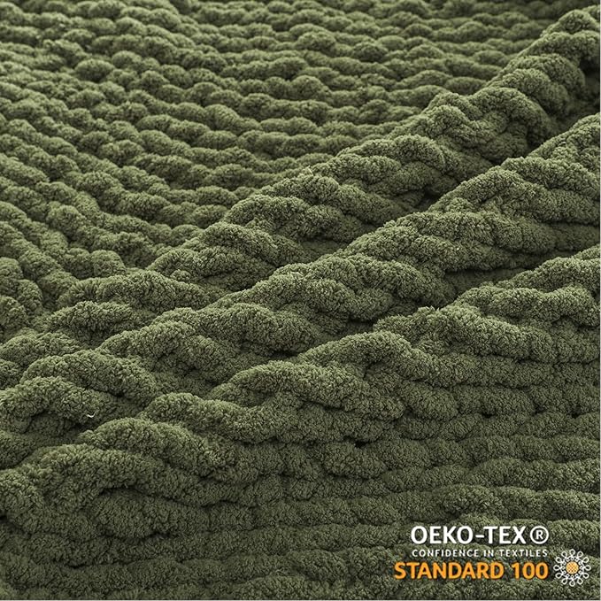 WESHIONGOO Chunky Knit Blanket Throw 51"×63" Knitted Throw Blankets for Couch Bed Fluffy Soft Blanket with Jumbo Chenille Yarn Thick 100% Handmade (Olive Green)