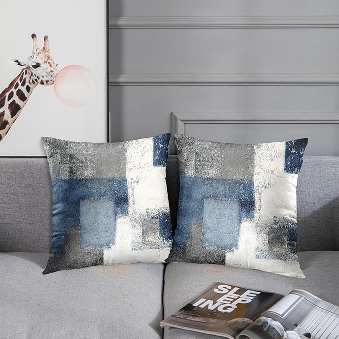 Britimes Throw Pillow Covers Modern Home Art Decor, 18 x 18 Inches Set of 2 Pillow Cases Decorative, Abstract Oil Painting Pillowcases for Bedroom, Living Room, Cushion Couch Sofa, Navy Blue White