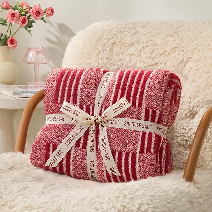 Snuggle Sac Red Checkered Christmas Blanket,Super Soft Reversible Twin Size Cozy Warm Throw Blanket for Couch Sofa Bedroom,Cute Lightweight Striped Blankets for Women,Heather Red,60x80 inches