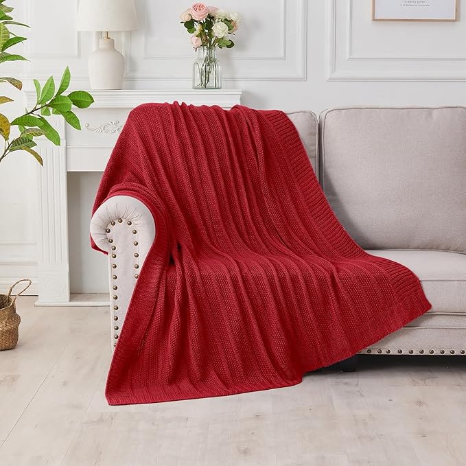 Douceur Christmas Red Throw Blanket for Bed, Soft Cozy Lightweight Stripe Pattern Knitted Throw Blanket for Sofa, Living Room Gift, 60"X80"