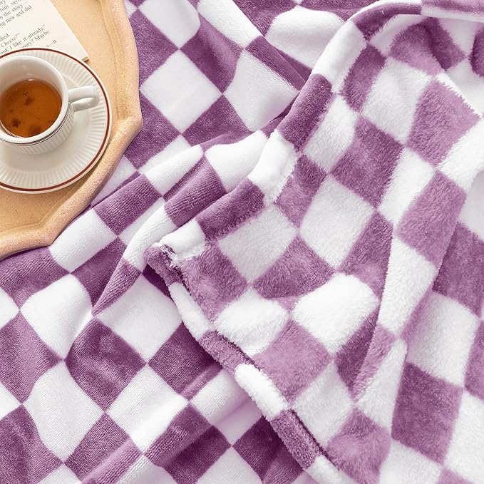 LOMAO Throw Blankets Flannel Blanket with Checkerboard Grid Pattern Soft Throw Blanket for Couch, Bed, Sofa Luxurious Warm and Cozy for All Seasons (Purple, 40"x60")
