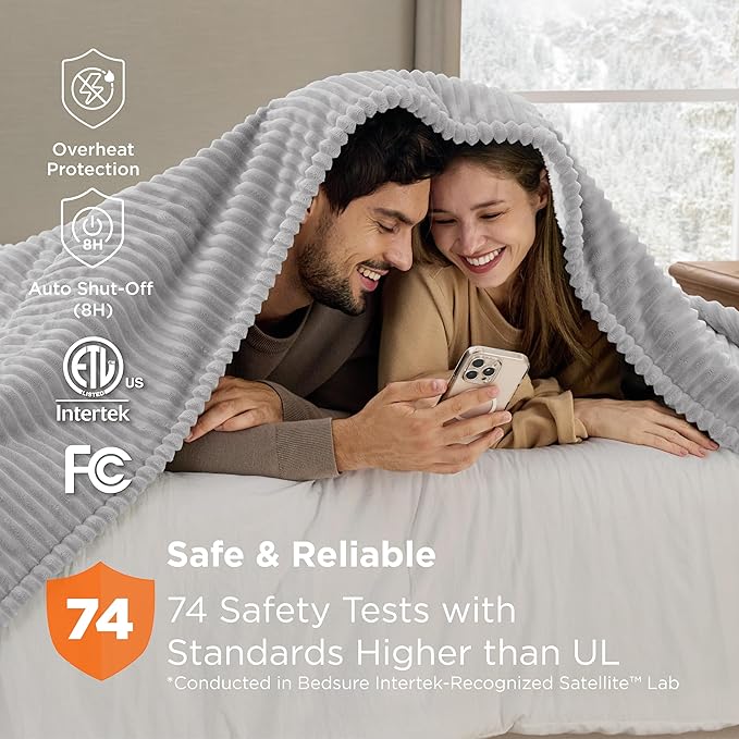 Bedsure GentleSoft Electric Blanket Queen Size - Soft Ribbed Flannel Heated Blanket with Dual Control, Heating with 10 Heat Settings & 10 Time Settings, 8 hrs Timer Auto Shut Off (84"x90", Light Grey)