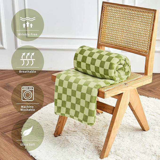 FY FIBER HOUSE Checkered Flannel Fleece Throw Blanket Soft Cozy Checkerboard Grid Print Chessboard Gingham Pattern Blankets for Bed Couch Sofa, 50"x60", Sage Green