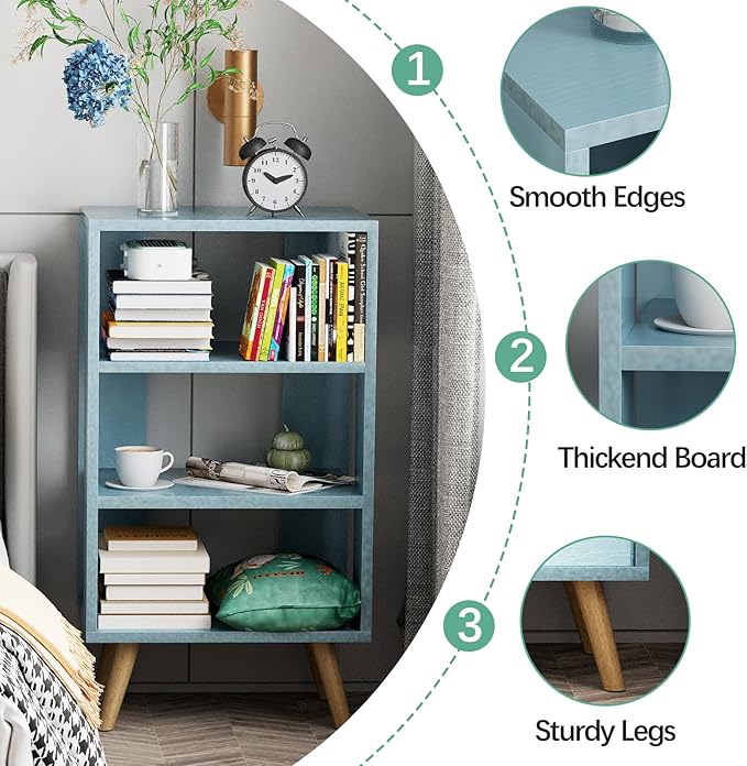 Night Stand, Blue Nightstand, Modern End Table with Open Storage, 3-Tier Nursery Bedside Table for Small Space, Living Room, Bedroom