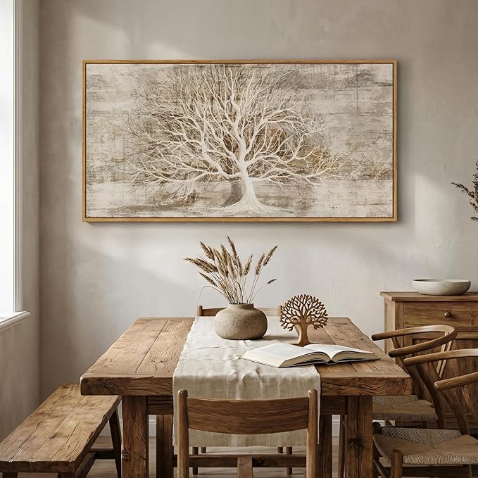 Large Framed Tree of Life Wall Art for Living Room, Rustic Farmhouse Abstract Tree Canvas Painting Print Artwork for Walls, Modern Neutral Forest Picture for Bedroom Office Wall Decor, 60x30 In