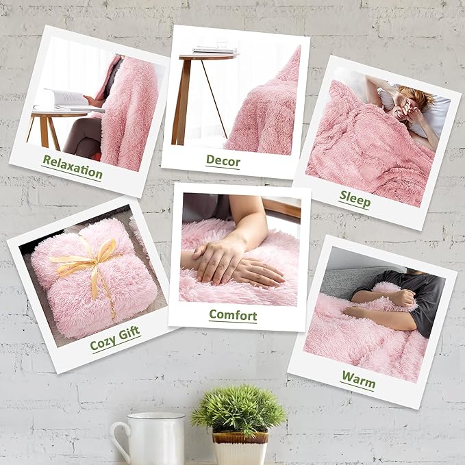 Pawque Blankets Queen Size for Bed - Sherpa Fleece Faux Fur Fluffy Blanket for Women Men, Luxury Super Soft Decorative Throw for Sofa Couch Chair, Bright Pink 90x90 inches